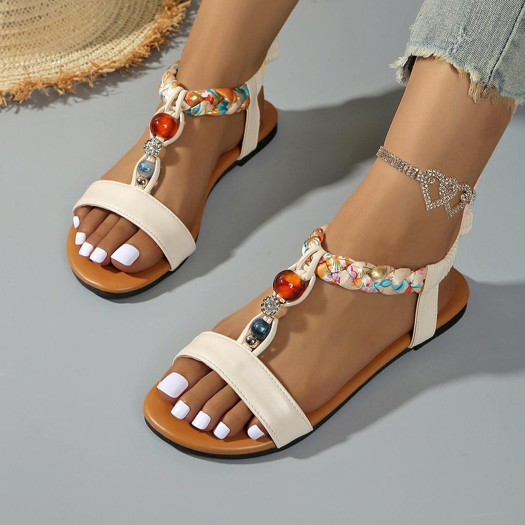 Women's Summer Boho Flat Sandals, Colorful Beaded Beach Shoes, Plus Size Wide Width with Elastic Strap & Tassel