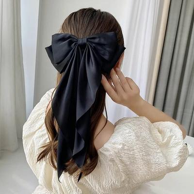 Women Bow Ribbon Hair Clip Fashion Simple Solid Satin Spring Clip Hair Pin Elegant Retro Headband Clips Girls Hair Accessories