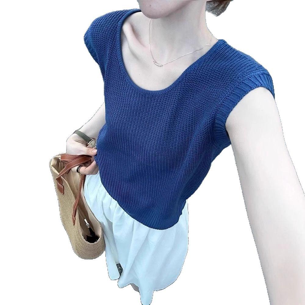 Women's High-End Ice Silk Blue Knit U-Neck Short-Sleeve T-Shirt - Summer 2025 Collection