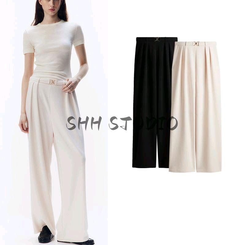 Spring New Women's Clothing French Design Easiest for Match Metal Retaining Ring Decoration High Waist Casual Pants 1224090