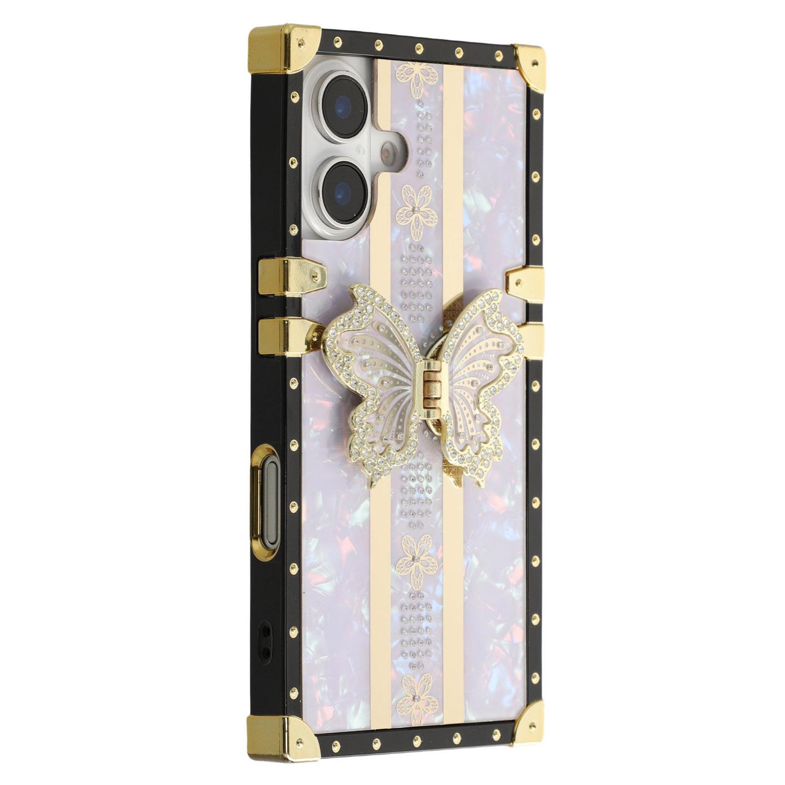 

For iPhone 16 Plus Case TPU + PC Electroplated Butterfly Kickstand Phone Cover C
