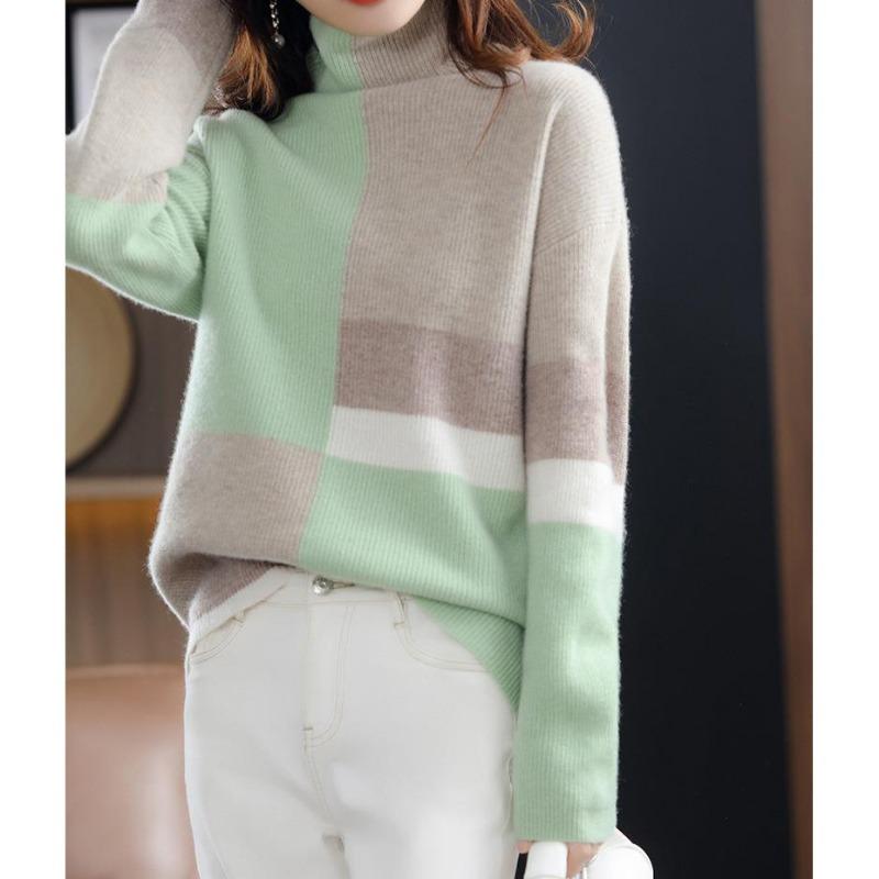 High-necked contrasting pullover sweater with new autumn and winter temperament commuting soft waxy bottoming knitted sweater for women