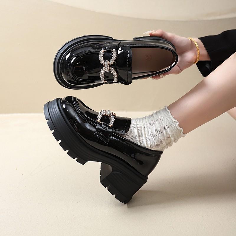 Platform Women's Spring and Autumn Models Versatile High-heeled Single Shoes Rhinestone Buckle Black Small Leather Shoes