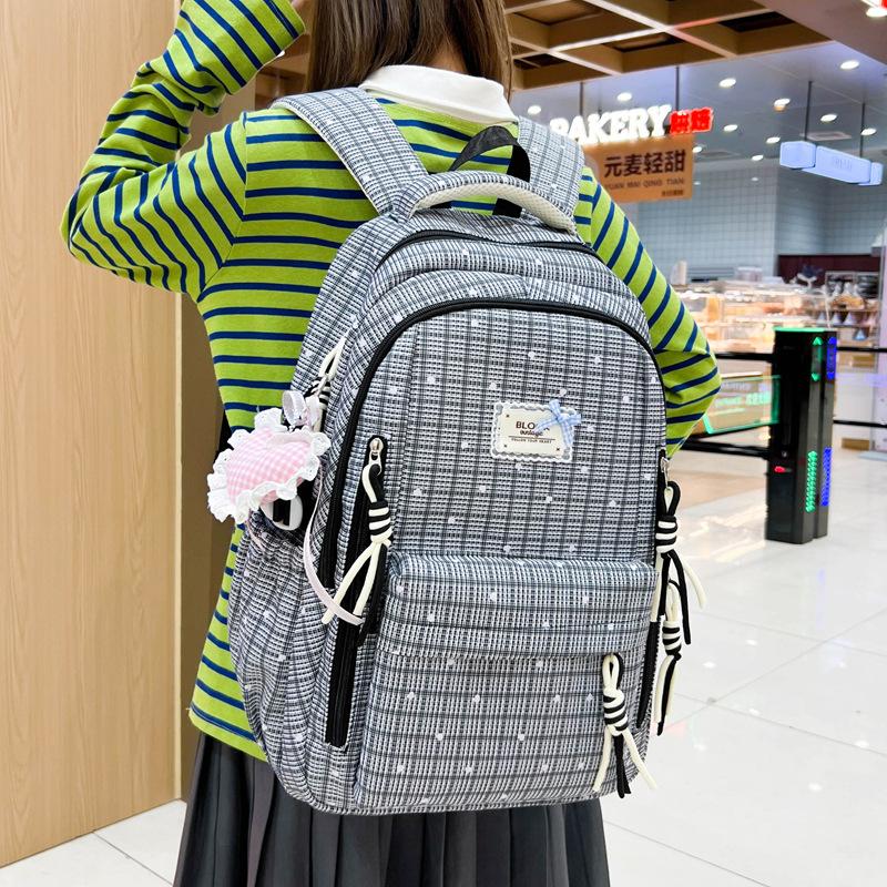 Schoolbag Japanese Fresh Color Sea Salt Blue Plaid Floral Schoolbag Female Sweet Atmosphere Junior and High School Girls Backpack