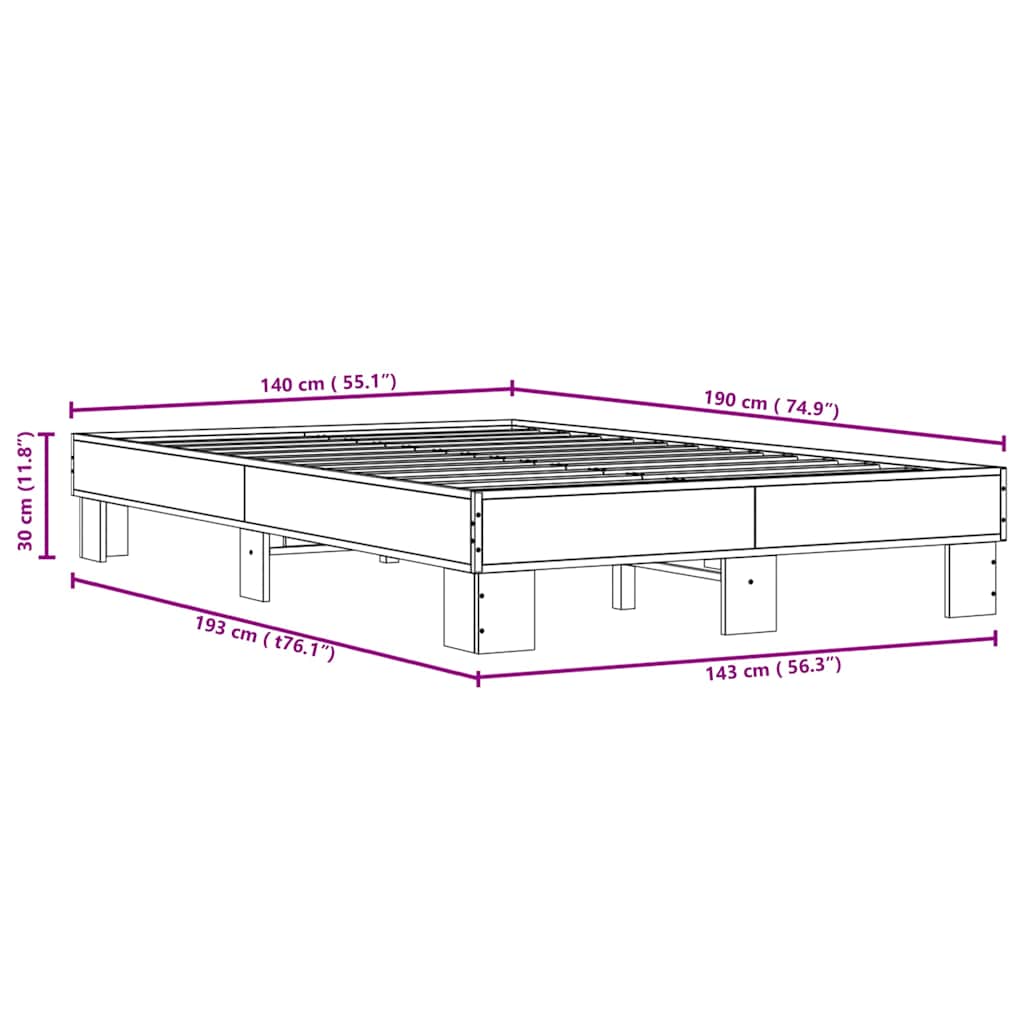 Bed Frame Smoked Oak 140 X 190 Cm Wood Based Material and Metal