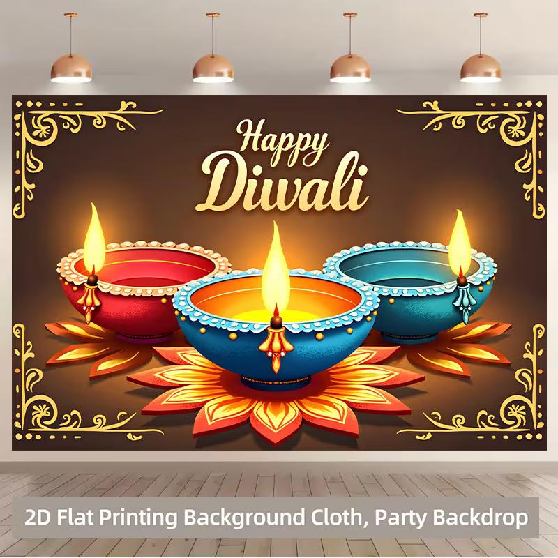 

2D Diwali Party Backdrop Colorful Diya Lamps & Lotus Petals Celebration Background 47.2x31.5inch/120*80cm