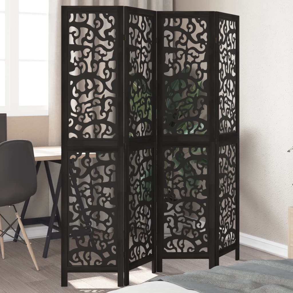 Vidaxl Room Divider, 4-Panel, Black, Solid Paulownia Wood