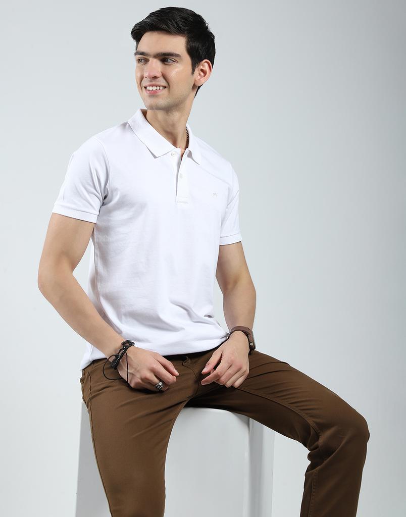 MONTE CARLO Mens Solid White Collar Neck Half Sleeve T-Shirt