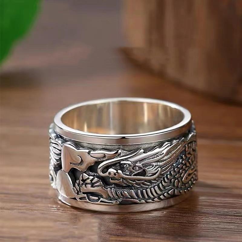 12mm Width Real S925 Silver Lucky Dragon Double Layer Rotatable Closed Dragon Ring For Man Woman Fiine Jewelry Gift