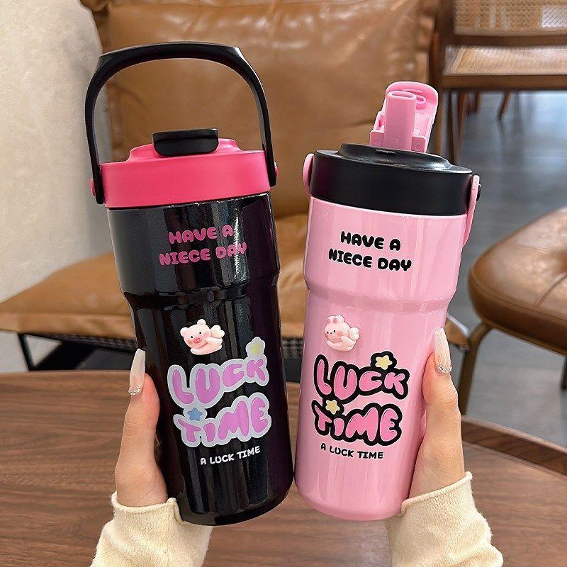 Large Capacity Thermos Cup for Women, New 2024 Model, Stylish Student Straw Cup, Dual-Use Coffee Cup, Portable