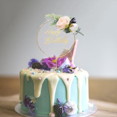 1Pcs Metal Happy Birthday Cake Topper Artificial Flowers Cake Toppers for DIY Birthday Party Decoration Baking Decor