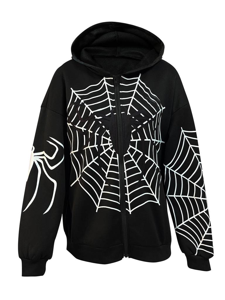 Spider Web Print Y2K Fleece Damen Hoodie - Herbst/Winter Casual Zipper Cardigan