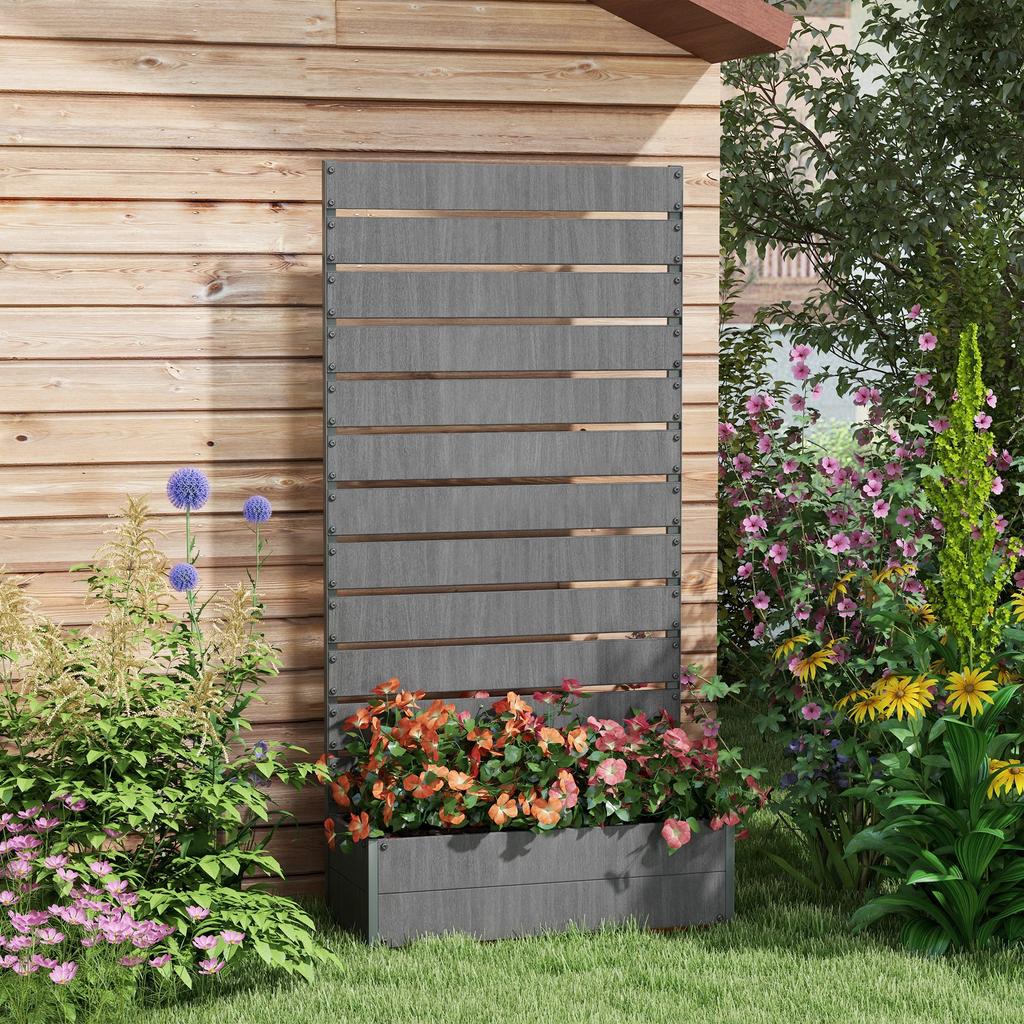 Raised Bed for Garden, Planter with Trellis for Climbing Plants, Vines, Planter Box with Drainage Gap, Dark Grey