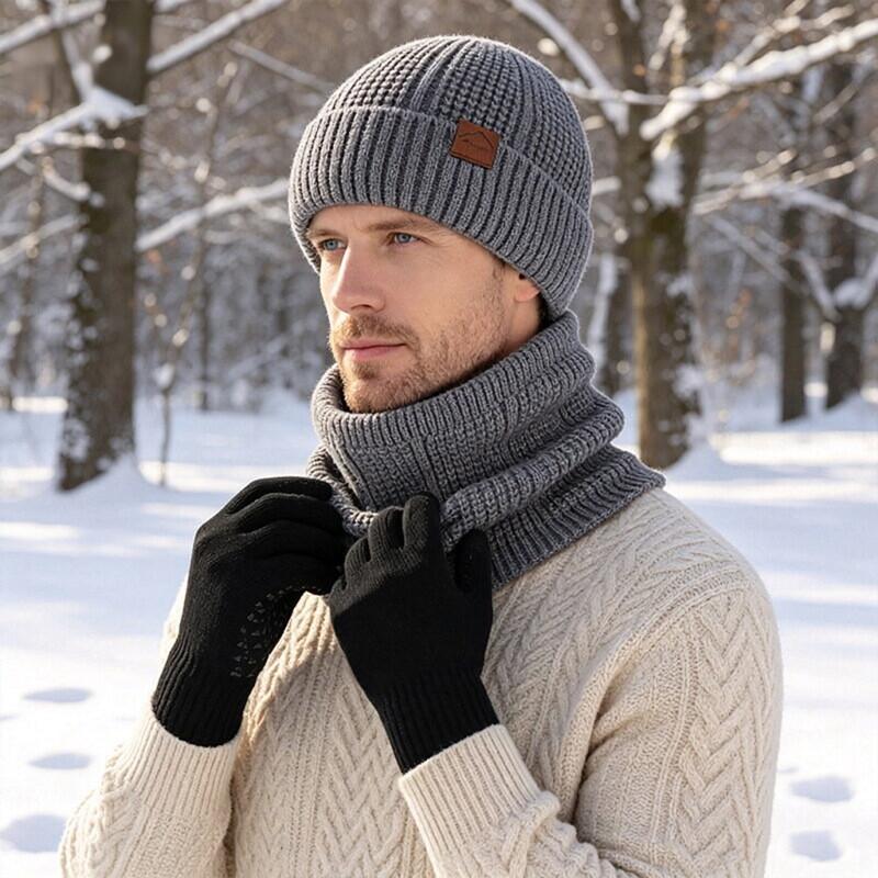 3 Piece Winter Knit Beanie Scarf Glove Set Warm Touchscreen Gloves Neck Gaiter Hat for Men