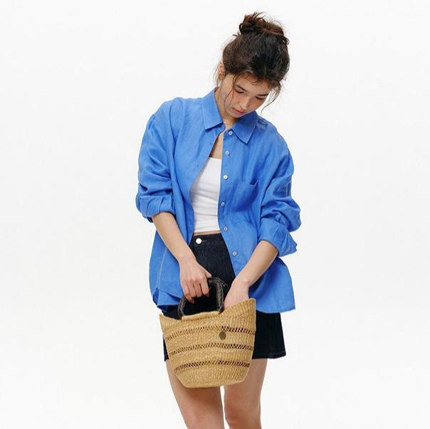 Peach, French simple and loose thin% linen shirt women's summer new sunscreen shirt top