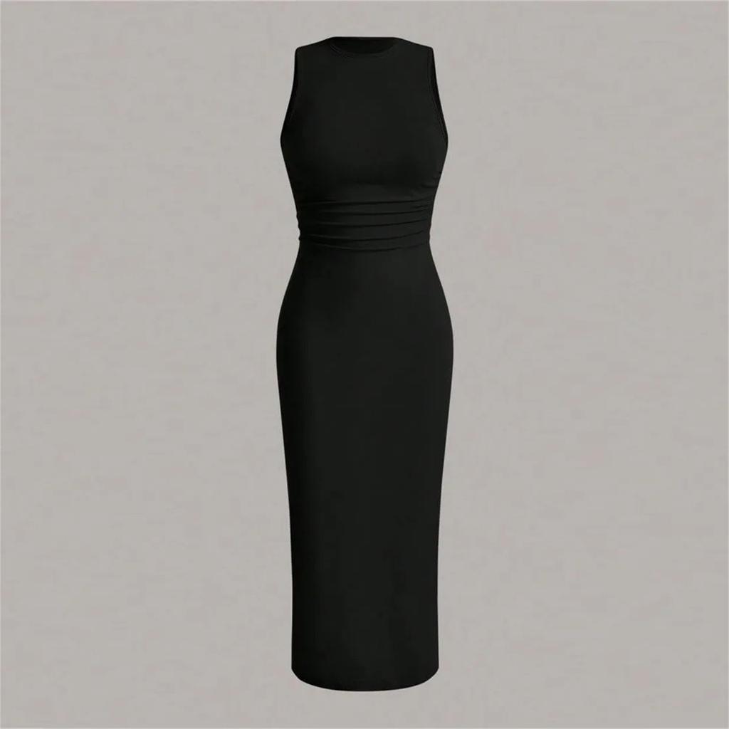 Women's Fashion Casual Sexy O-Neck Solid Color Hollow Sleeveless Dress