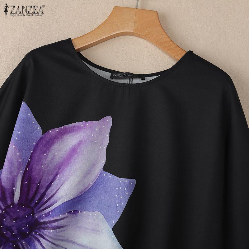 ZANZEA Women Casual Round Neck Loose Floral Short Sleeve Blouse