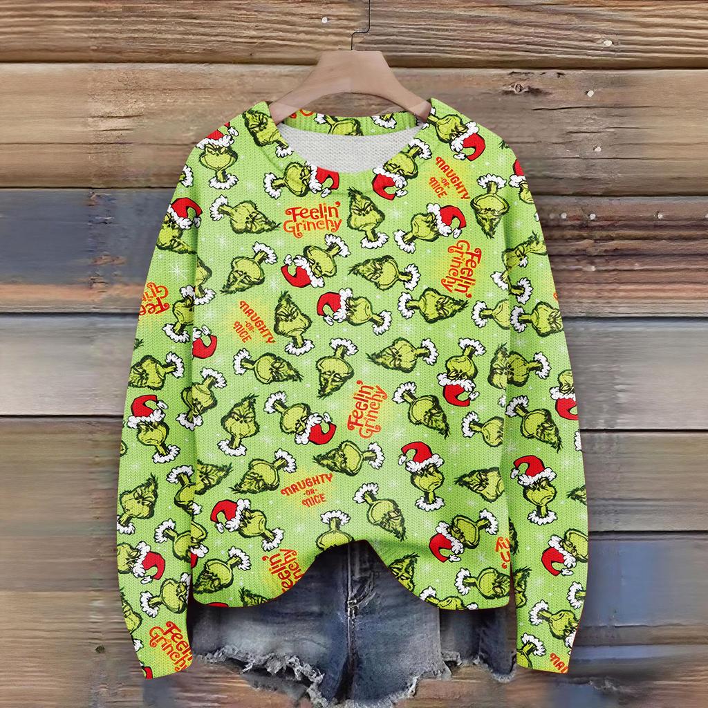 Long Sleeve Pullover Sweaters For Women O Neck Casual Cute Printing Knit Oversized Sweater