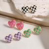 Enamel Drop-Glaze Checkered Heart-Shaped Candy-Coloured Gold-Plated Brass Stud Earrings for Women In the Dopamine Colour Palette