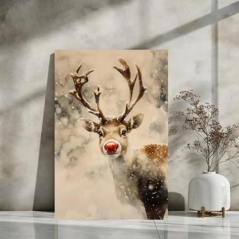 

Christmas Wall Decor Reindeer Oil Painting, Rustic Christmas Art, Xmas Decor-Print, Vintage Xmas Holiday Art Print 21X30CMNo Framed