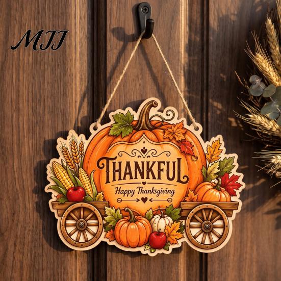 Harvest Theme Home Decoration Thanksgiving Front Door Hanging Sign, Pumpkin Turkey Pattern Hanger, Autumn Indoor Outdoor Holiday Sign Wall Ornament