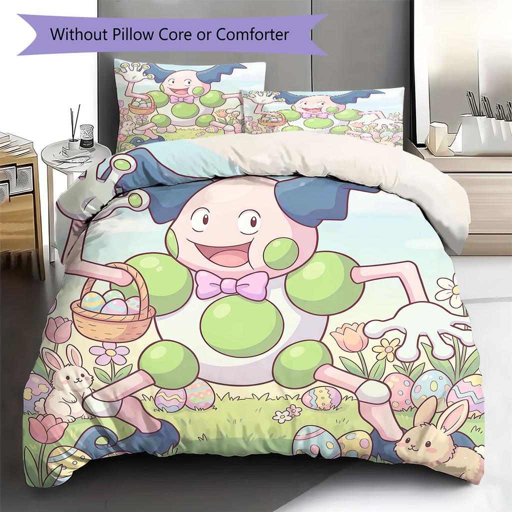 Anime Easter Pokemon Pattern Bedding Quilt Set Quilt Cover Pillowcase Home Decoration Birthday Gift (1 * duvet cover + 2 * pillowcase, without core)