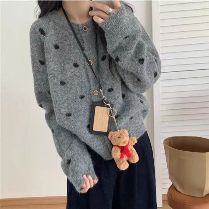 

Корейский кардиган крупной вязки с круглым вырезом и принтом в горошек для женщин, осенне-зимний, свободного ленивого стиля, универсальный свитер One Size серый