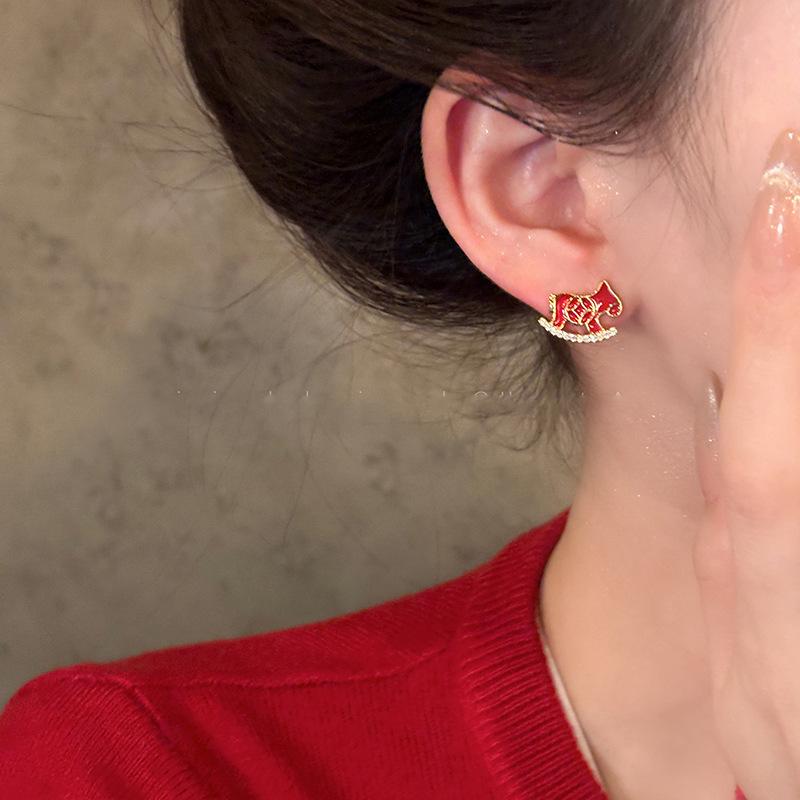 18k real gold electroplated new Chinese zircon natal year pony stud earrings exquisite earrings women