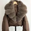 Lagabogy Winter Real Fox Fur Collar Short Parkas Women Thick White Duck Down Cropped Jacket Streetwear Female Puffer Coats