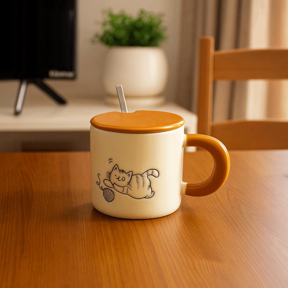 Cute Cat Pattern Ceramic Coffee Cup Hand Drawn Water Cup with Lid  Kitchen Drinkware