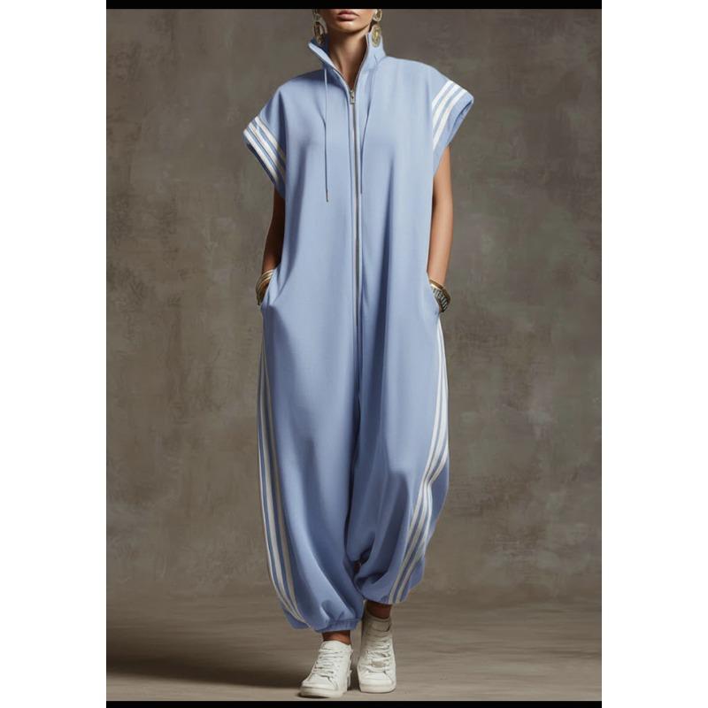 Nouveau Style Fermeture Éclair Col Montant Rayé Coordination de Couleurs Tendance Décontracté Coupe Ample Manches Courtes Pantalon Une Pièce pour Femmes