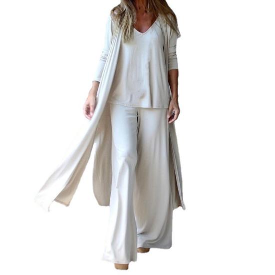 Three-piece Stylish V Neck Top Women Pants Suit Sleeveless Top Casual Solid Color Autumn Suit