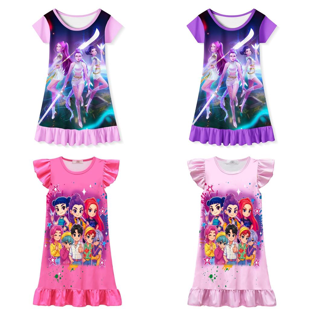 Kpop Demon Hunters Cotton Short Sleeve Sleep Dress For Kids Summer Wear