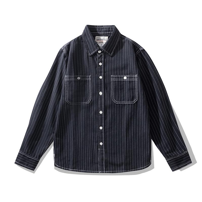 OKONKWO Men s Vertical Stripe Retro Workwear Long Sleeve Shirt XXL