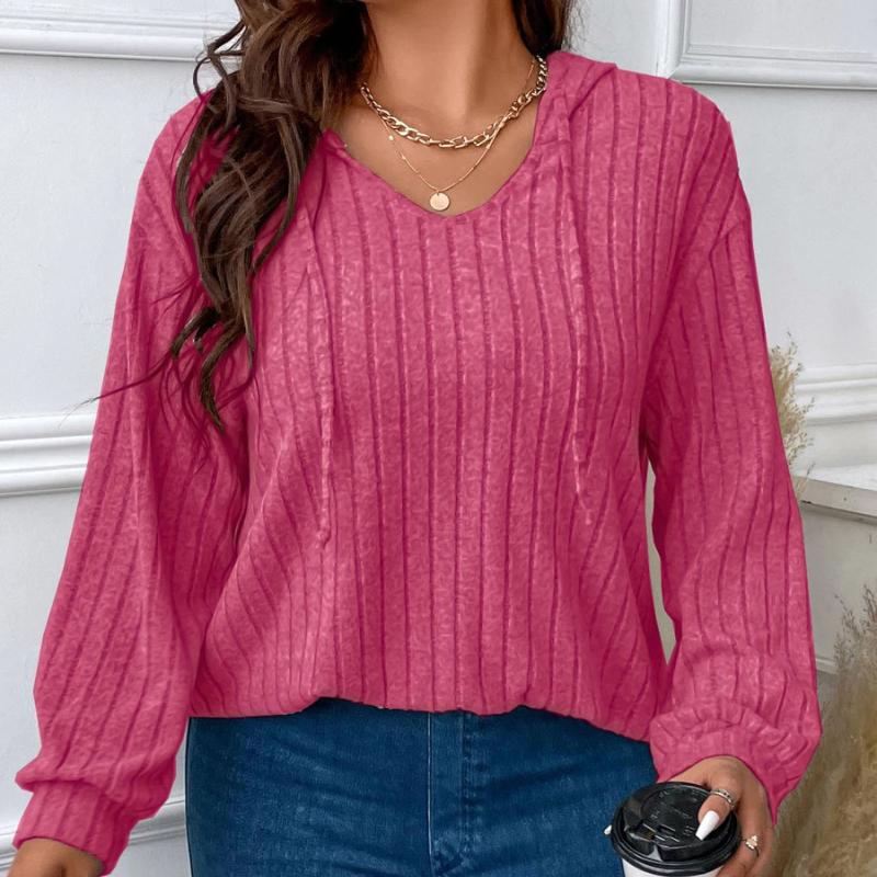 Lässiger, lockerer Pullover mit langen Ärmeln für Damen, Kapuzenpullover mit V-Ausschnitt und Bindeband, einfarbig, gestreifter Patchwork-Langarmpullover, bequemes, weiches Arbeitsoberteil mit unregelmäßigem Saum