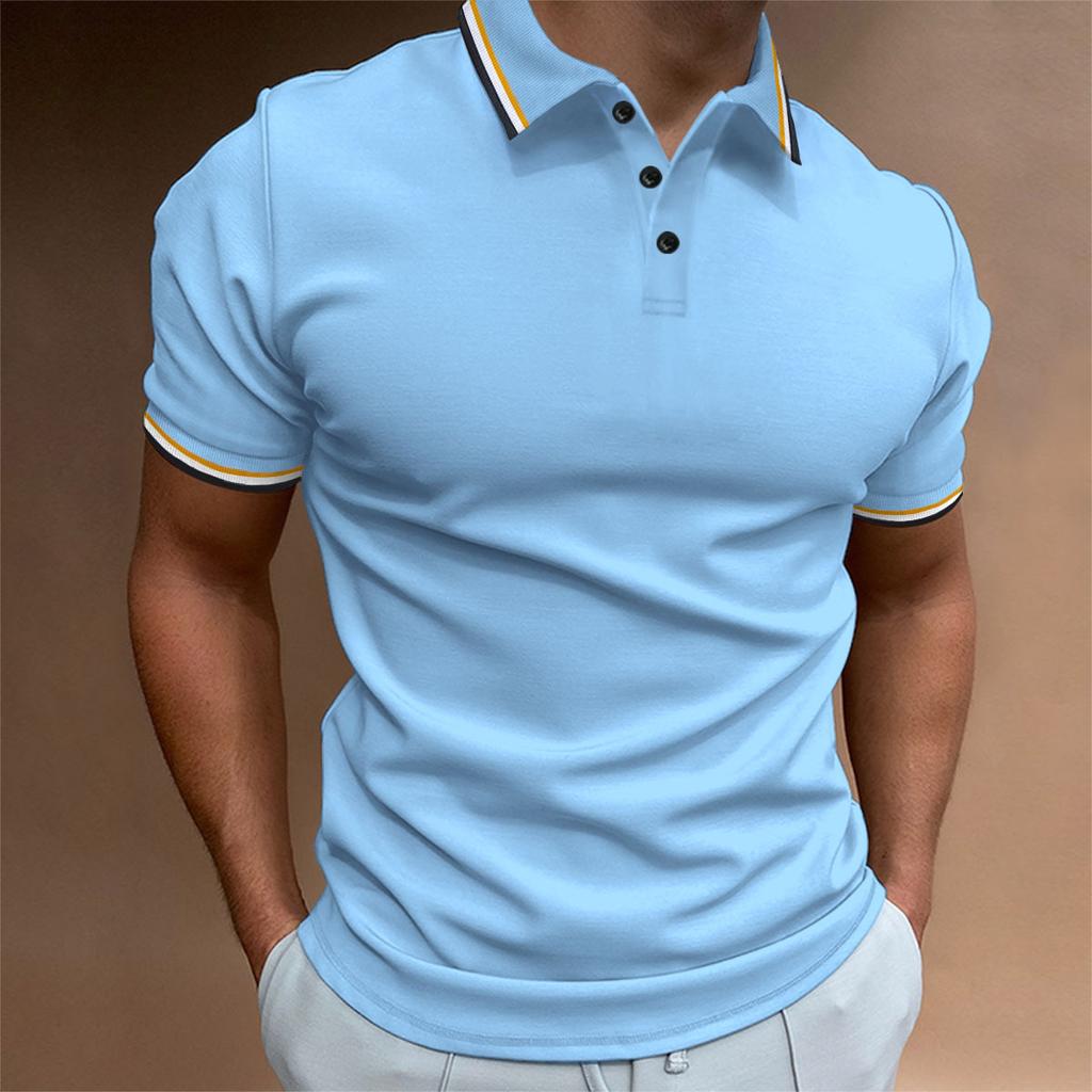 New Men's Slim POLO Shirt Ribbed Striped Lapel Buttons Solid Colour Splicing T-shirt Tops