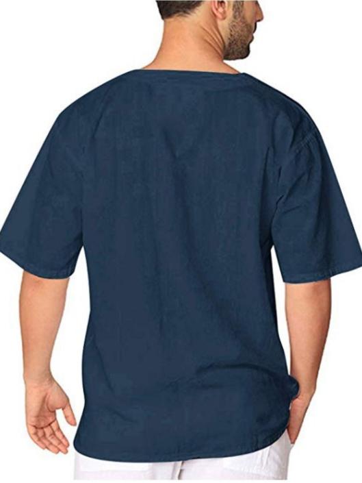 Men's Summer Comfortable Short Sleeve Linen T-Shirt Fashion Casual Solid Loose Fit Lace Up Top