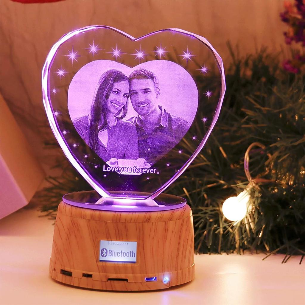Personalized Heart Night Light 3D Crystal Lamp Custom Photo Picture Engraved Led Light 7 Color with Music Wood Base Personalized Gift for Women