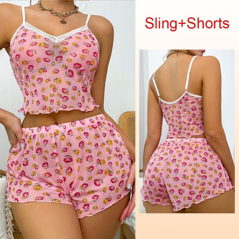 

Комплект из двух частей розовой сетчатой пижамы для женщин с короткими топами и шортами с принтом, повседневный женский пижамный комплект XS розовый