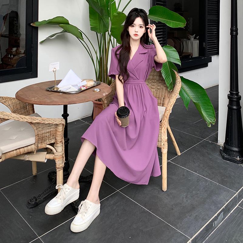 Retro letní šaty úzkého střihu ve francouzském stylu s jedinečným designem zadního límce