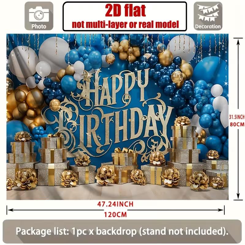 2D Alles Gute zum Geburtstag Hintergrundtuch Blaue Goldene Luftballons und Geschenke Wanddeko