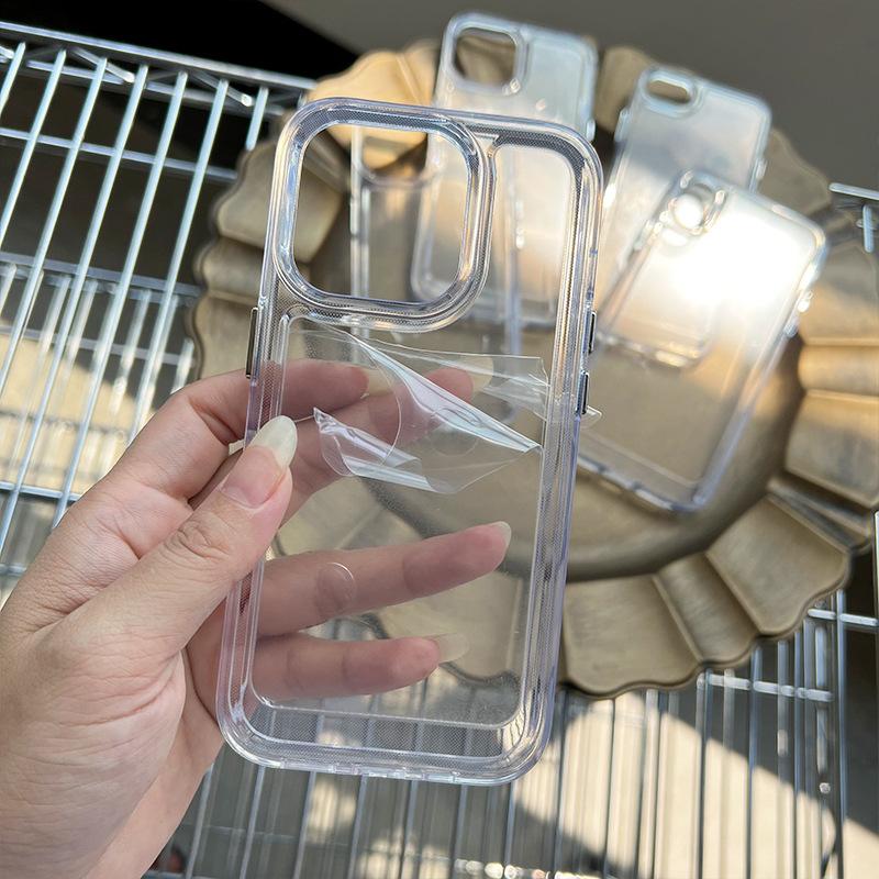 Simplicity Phone Case for iPhone 15 14 13 12 11 Pro Max Plus Acrylic Hard Bumper Transparent Back Cover with Silver Button