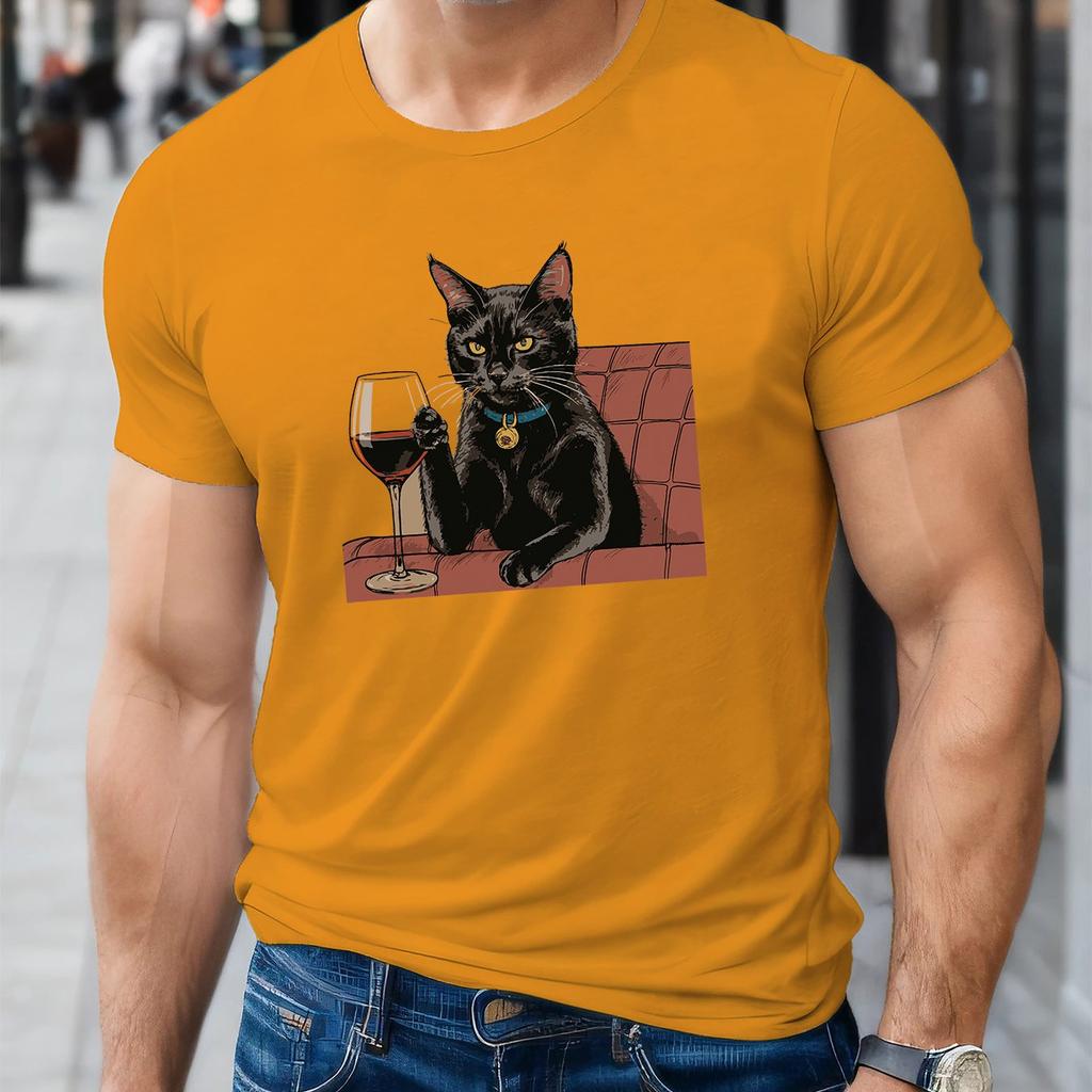 Black Cat Drinking Wine Graphic TShirt Mens Casual Cotton Crew Neck Summer Tee