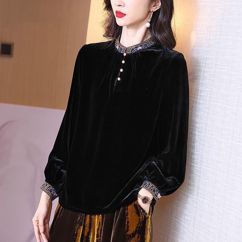 Bluzka z aksamitu damska jesienna moda czarna etniczna styl chiński retro temperament koszula