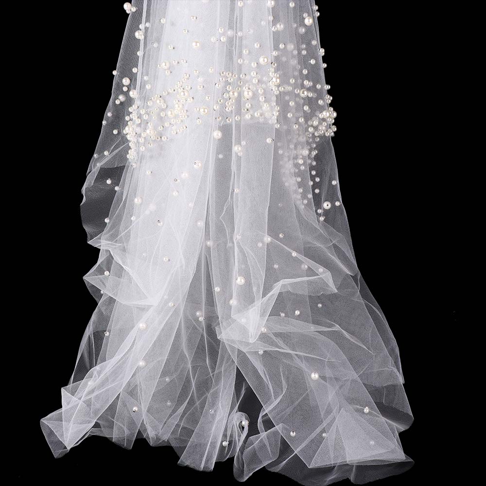 Vintage Pearls Tulle Bridal Veil Pearls Wedding veil Elegant Waist Length Drop Veil  Wedding Dress