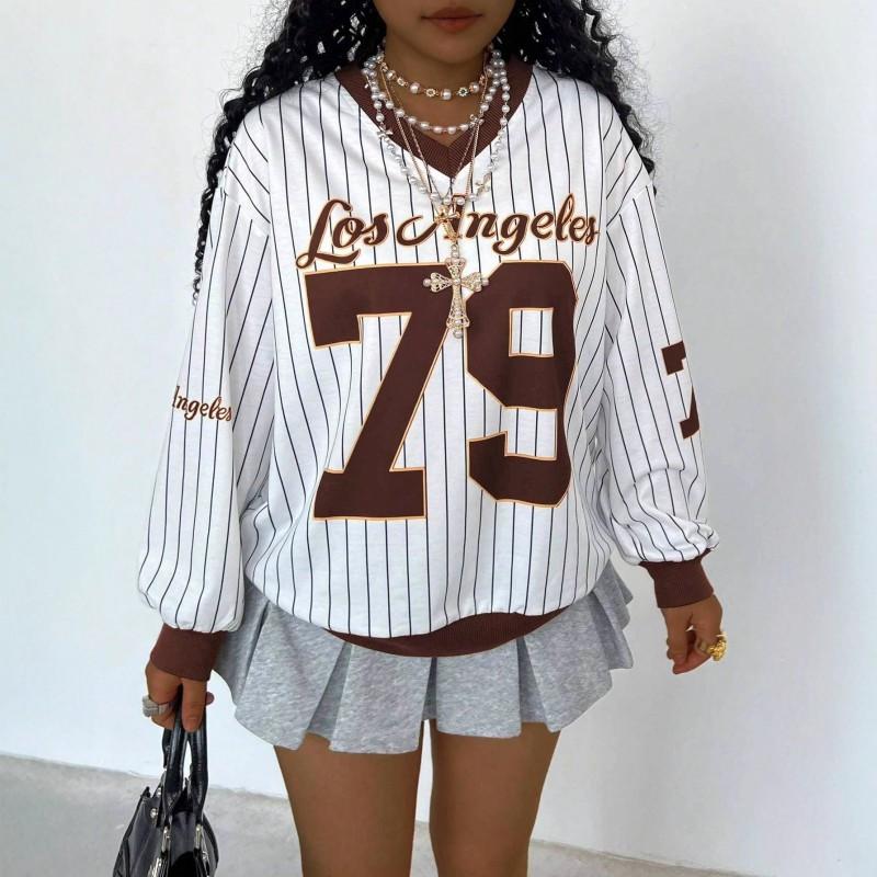 Womens Oversized Long Sleeve V-Neck Sweatshirt With Contrast Letter Print Casual Fall Top