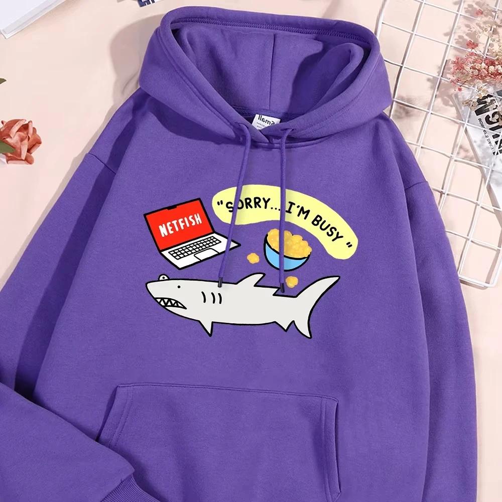 Fun Shark Cartoons Print Streetwear Men Women Crewneck Pullover Hoodies Kawaii Fleece Streetwear Fashion Couple