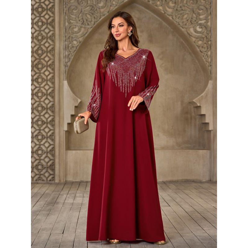Middle East Women's Clothing Fashion Rhinestone V-neck Casual Loose Dubai Arab Robe New Arrival Plus Size Dress Dress
