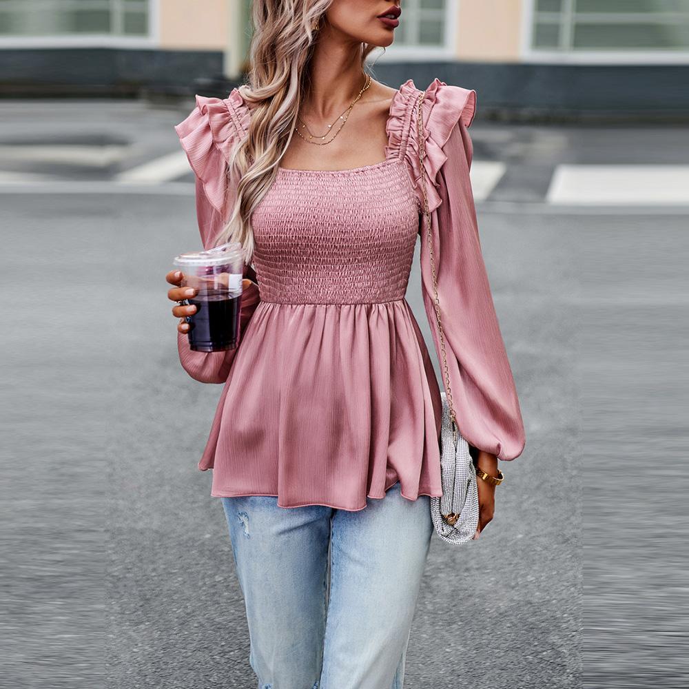 Women's Autumn Winter Square Neck Puff Sleeve Edible Tree Fungus Solid Color Shirt Blouses Temperament Commuter Tie Top