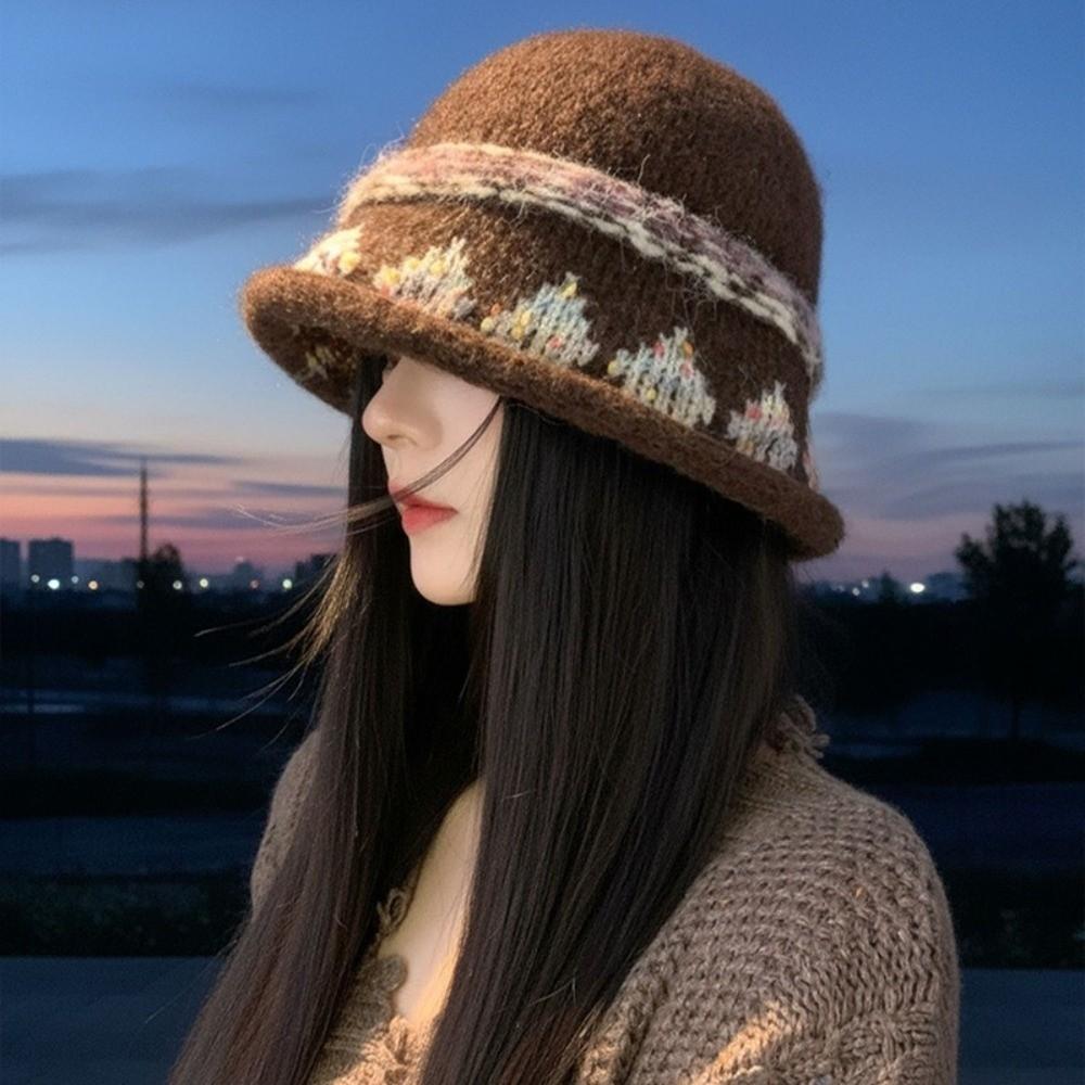 Warm Knitted Bucket Hat Elegant Dome Hats Fashion Fisherman Cap  Autumn Winter
